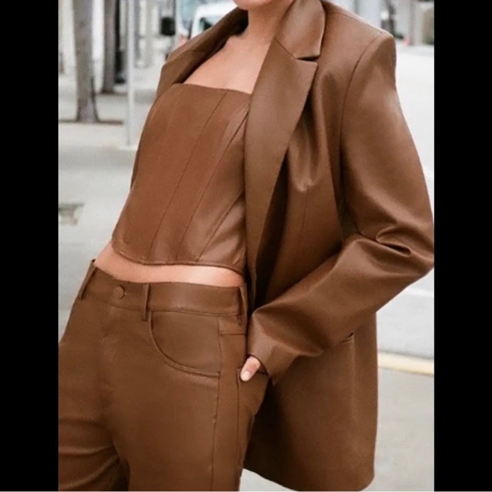 Zara Brown Faux Leather Blazer Jacket - Picture 4 of 5